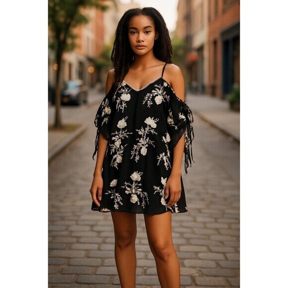 $440 Alice + Olivia Holden Embroidered Cold Shoulder Dress Large L - Picture 2 of 16